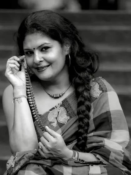 Stripping away the color to reveal the essence. This black and white portrait in a Kanchi cotton saree captures the raw and timeless depth of emotion.