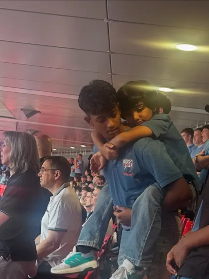 A heartwarming moment from the FA Cup live match in the UK. Our U15 player Deepith gives 8-year-old Atharva a piggyback ride, showing the caring bonds formed on tour.
