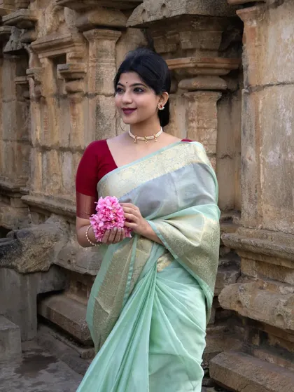 A full-length view of a seafoam green Banarasi silk saree against a temple backdrop. The color is soft and unique, and the pose is designed to show the full drape and floral zari work.