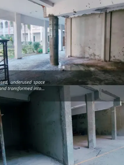 A before-and-after sequence at JNMC Wardha, where an enclosed, underused space was cleared and transformed into an open, functional area. This highlights our process of revitalization and finding potential within existing structures.