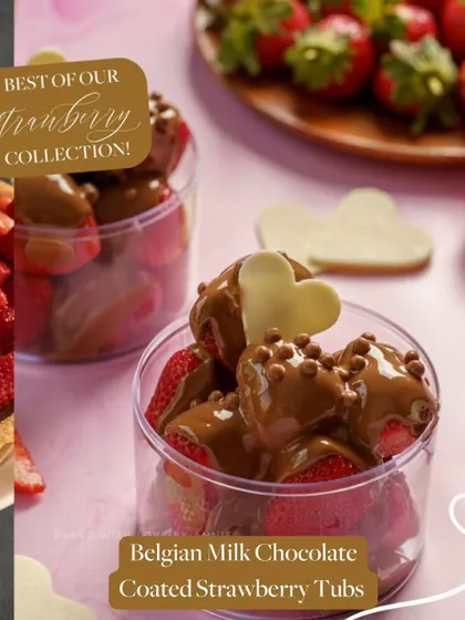 The best of my strawberry collection in one shot. This collage features my Belgian Milk Chocolate Coated Strawberry Tubs, a viral sensation you don't want to miss.