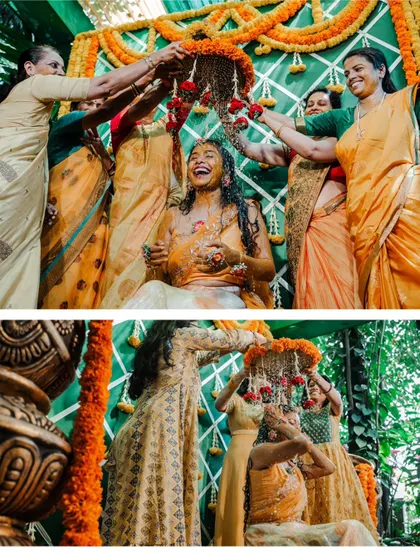 A collage showing the women of the family showering the bride with blessings, flowers, and water during the Haldi ceremony.
