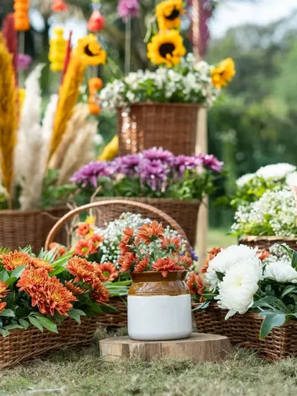 Another view of the boho-chic floral arrangements, showcasing a mix of textures and colors that define the rustic theme.