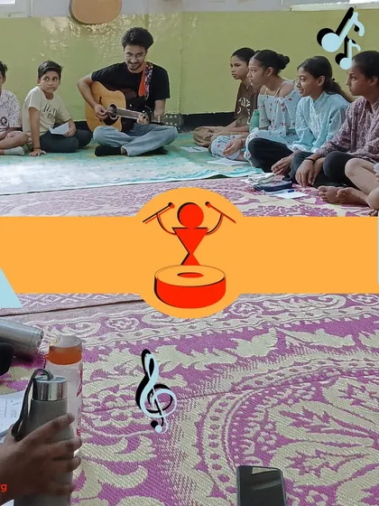 This collage captures the essence of our summer camp session, combining guitar-led singing with graphics that represent teamwork and expression.