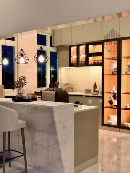 A view of the kitchen render featuring a marble breakfast bar with stylish bar stools, perfect for casual dining and entertaining.