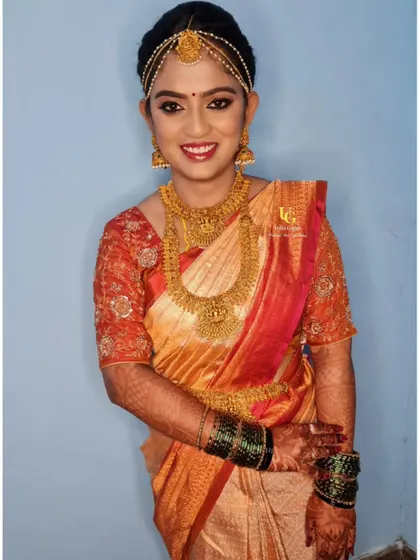 Geetha looking absolutely radiant for her muhurtham. I created a classic look with defined eyes and bright lips to match her beautiful saree.
