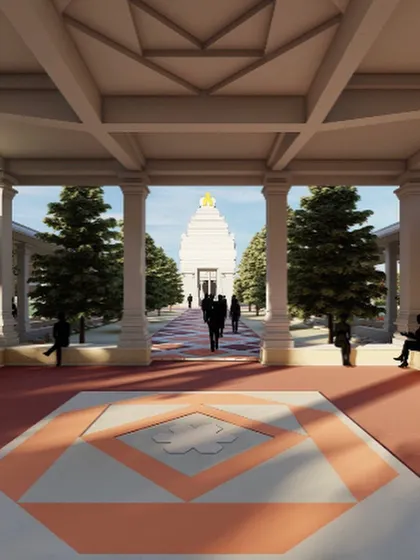 This render illustrates the concept of the temple courtyard as a public gathering space, with seating integrated into the landscape design.