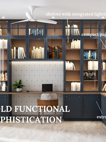 A 3D render of a functional study room featuring wall-to-wall cabinetry, spotlighted bookshelves, a central workspace, and an integrated small puja unit.