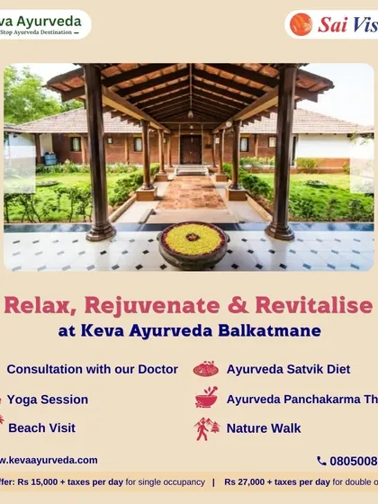 This image announces our Sharad Ritu (autumn season) wellness package at the Keva Ayurveda Balkatmane Retreat. It showcases the serene environment where we offer a blend of Satvik diet, yoga, and Panchakarma therapies.