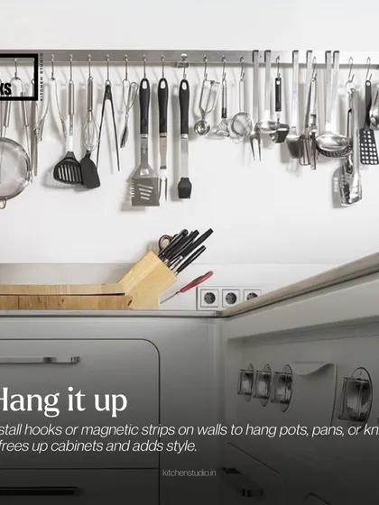 A simple and effective way to free up counter and drawer space is to use a wall-mounted rail system for hanging frequently used utensils.