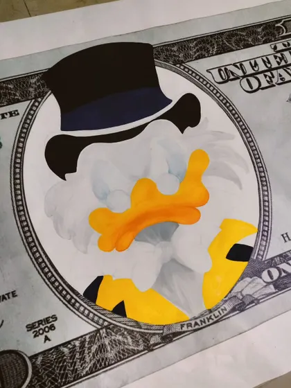 The initial sketch and color blocking for the Scrooge McDuck painting.