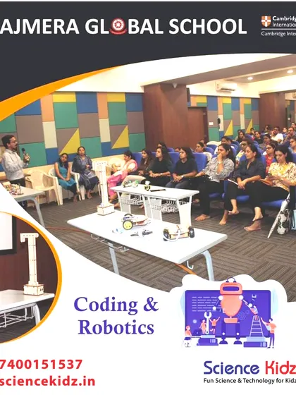 Our lead mentor, Chirag Sharma, addressing parents at Ajmera Global School. We regularly conduct sessions to explain the importance of robotics and coding for future careers.