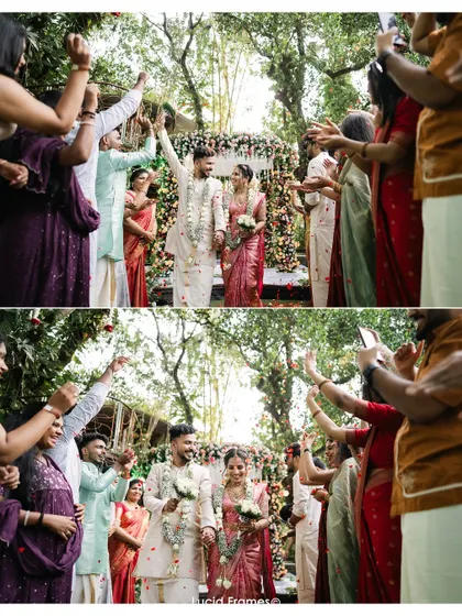 The couple's grand exit, cheered on and showered with petals by their loved ones.