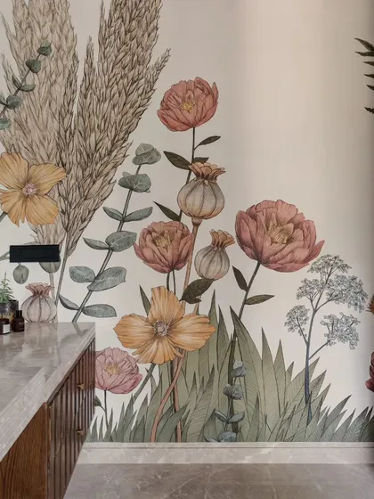 A closer view of the incredible detail in the hand-painted wallpaper. It transforms the bathroom into an immersive, artistic space.