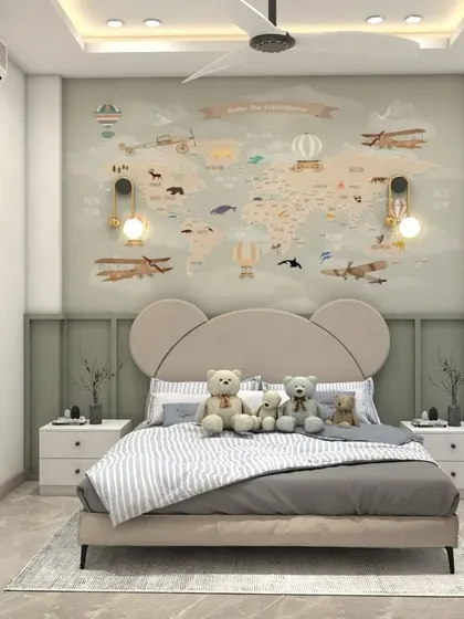 An amazing kids' bedroom concept. The design includes a cute, bear-shaped headboard and a world map mural on the wall, creating a fun and inspiring space for a child.