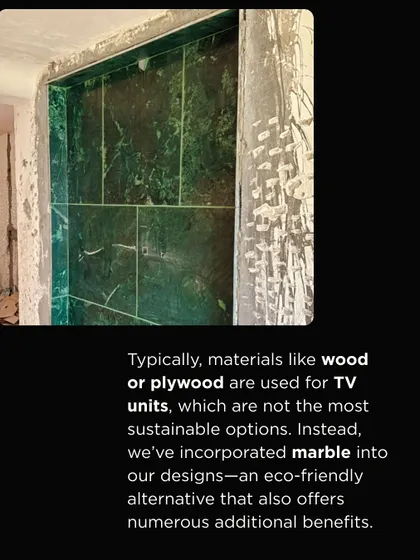 We chose to use marble for this TV unit as a sustainable alternative to wood or plywood. Marble is a natural, long-lasting material that adds a touch of elegance and avoids contributing to deforestation.