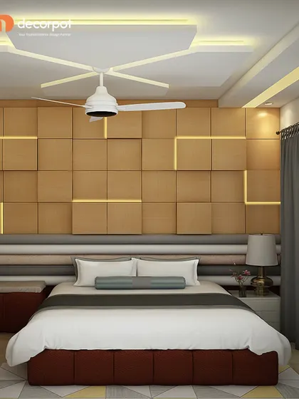 This bedroom has a stunning accent wall made of 3D wooden blocks with integrated backlighting. The multi-layered upholstered headboard adds another layer of texture and comfort.
