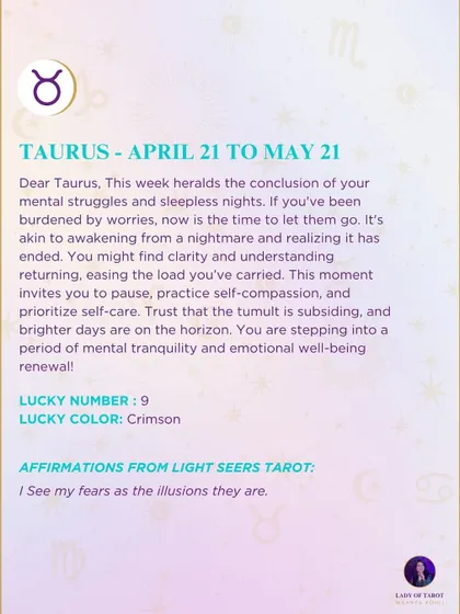 A weekly tarot reading for Taurus. This week heralds the conclusion of mental struggles and sleepless nights, inviting you to pause and practice self-compassion.
