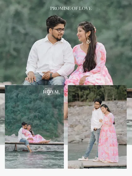 A beautiful collage from a riverside maternity shoot, featuring a couple sharing tender moments. The images show both close-up portraits and wider shots with their feet in the water.