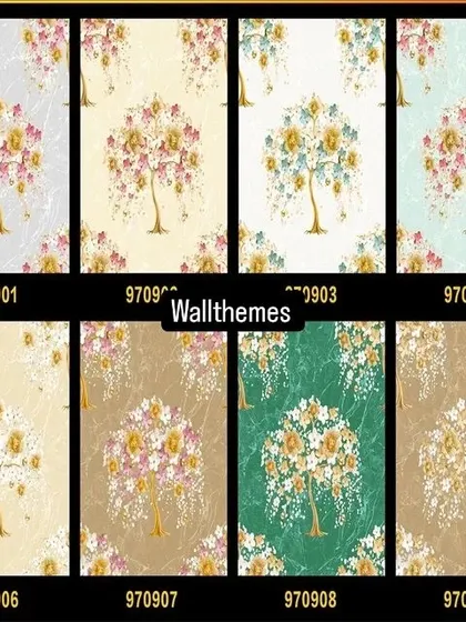 A catalog page showing eight color variations of a stylized floral tree wallpaper design.