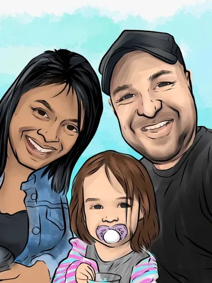 A beautiful family portrait in my semi-realistic style. It captures the family's likeness with a soft, painted look.