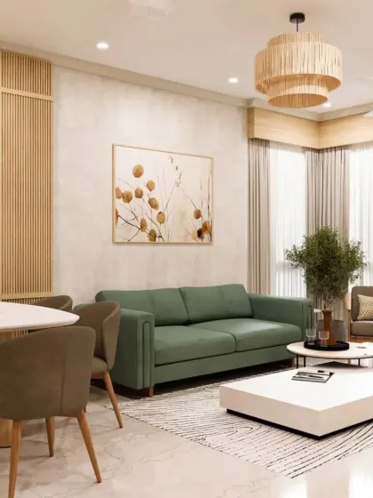 This angle highlights the open-plan layout, connecting the living and dining areas. The woven pendant light and abstract rug add texture and personality to the Japandi-style interior.