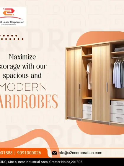 This graphic illustrates a spacious and modern sliding door wardrobe. The light wood finish provides a natural look, while the interior layout shows a mix of hanging rails, shelves, and drawers to maximize storage capacity.