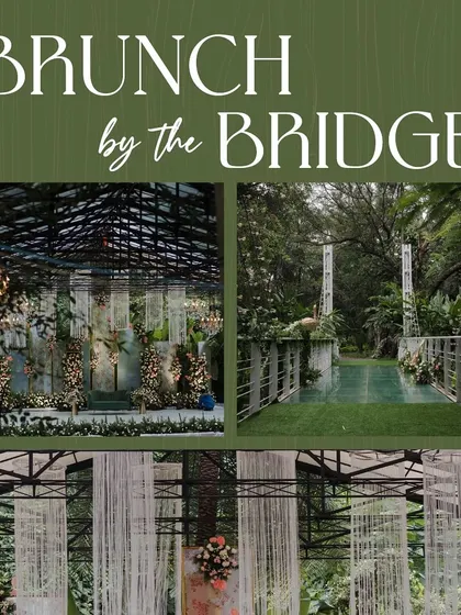The title card for the 'Brunch by the Bridge' event, showing the modern stage, the wishing bridge, and the elegant thread chandeliers that defined the celebration's aesthetic.