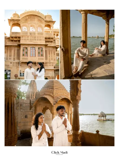 A collage showcasing the grandeur of Rajasthan's architecture and the couple's journey through it, including moments of prayer and quiet conversation.