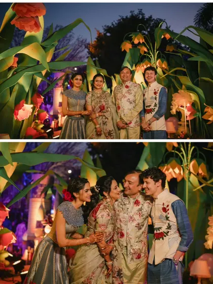 Family portraits are a must. Here, the family poses amidst giant, fantastical flowers, a fun and unique backdrop that ties into the event's whimsical theme.