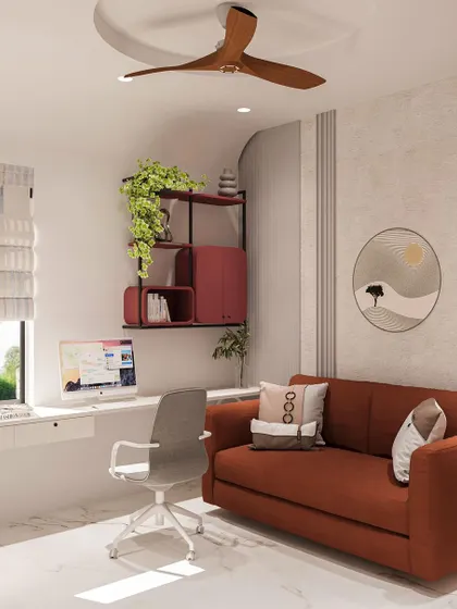 The balance of the bold red sofa with the neutral wall and patterned blinds creates a vibrant yet professional workspace.