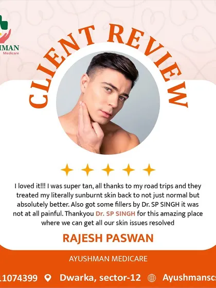 "I loved it!!!" - Rajesh Paswan shares his 5-star experience in this review. He came to us with a severe tan and left with "absolutely better" skin, also praising our painless filler treatment.
