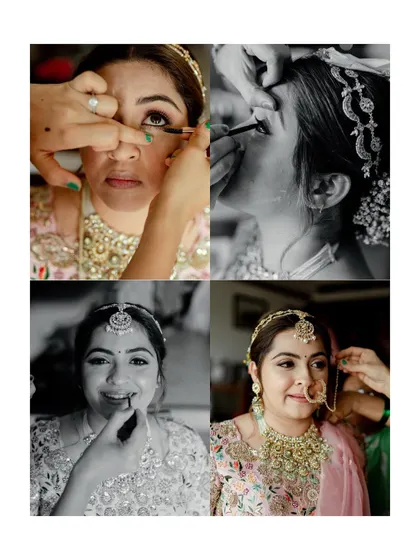 A collage showing the detailed process of the bride's makeup application. These shots celebrate the artistry and transformation of the wedding morning.