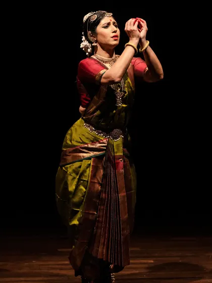 A moment of devotion from a solo recital. The essence of Bharatanatyam lies in its ability to convey profound emotions and stories through subtle gestures and expressions.