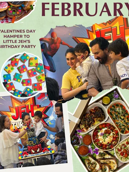 A look back at February, when we catered little Jeh's superhero-themed birthday party. This collage shows the fun, colorful food and the happy family, including Kareena and Saif Ali Khan.