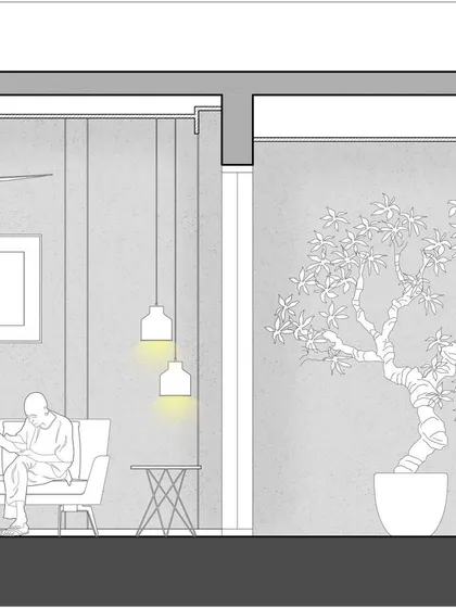 This drawing shows the transition from an interior living space to an outdoor courtyard with a feature tree, illustrating our focus on indoor-outdoor connections.