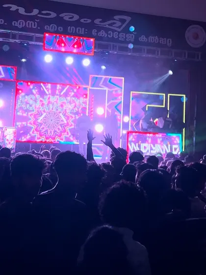 A view from the crowd, showing the impressive stage setup with dynamic visuals and lighting.