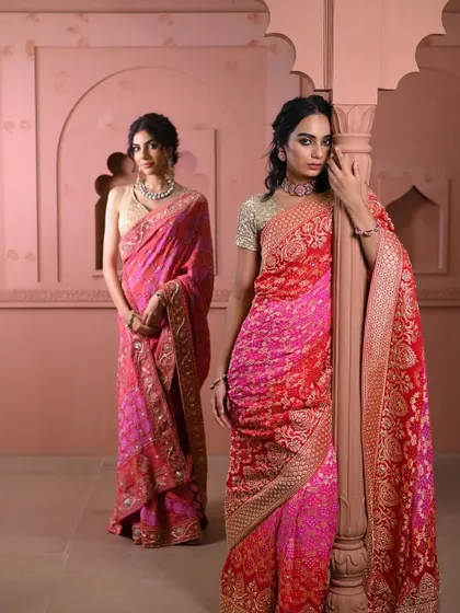 A full view of two distinct yet harmonious festive saree looks. My goal is to create a cohesive story, whether it's for a single client or a group, ensuring everyone feels their best.