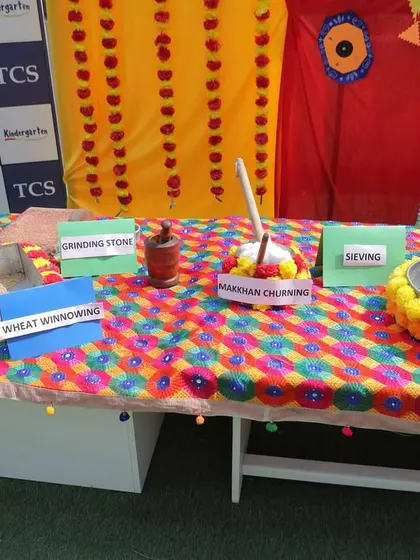 A glimpse of the activity stations at our Baisakhi event, featuring traditional practices like wheat winnowing, sieving, and makhan churning for a hands-on cultural lesson.