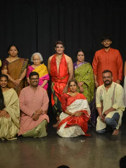 The talented artists and crew who made the "AshtaRaagaMaalika Varna" performance series a grand success, posing for a group photo on our stage.