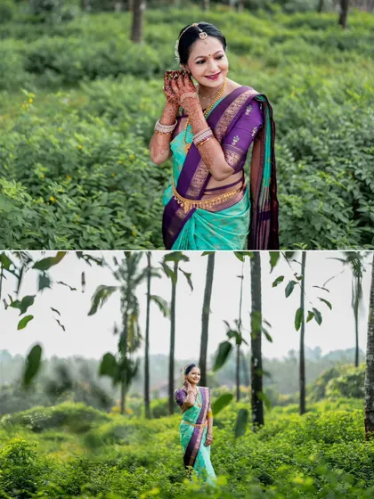 A collage of a bride posing in nature, her vibrant saree a beautiful contrast to the greenery.