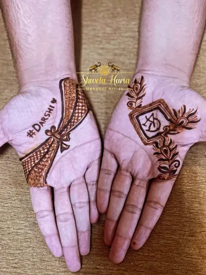 Grooms deserve beautiful henna too. I create elegant and masculine designs, like this one featuring the bride's name and the couple's initials in a stylish, minimal pattern that is both meaningful and sophisticated.