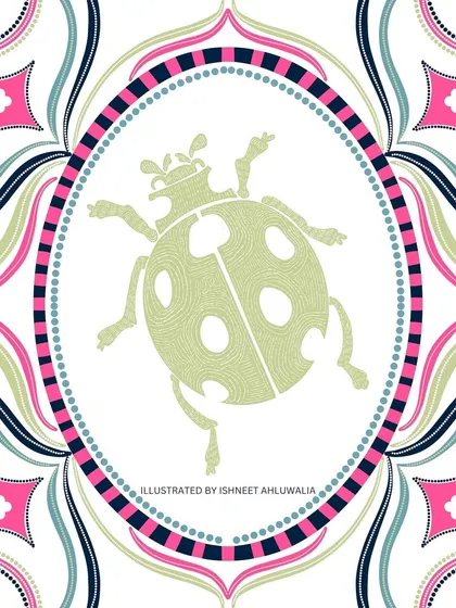A close-up of the quirky ladybug tile from my 'Tropical Tapestry' collection. The combination of the simple insect silhouette with the ornate frame creates a whimsical yet sophisticated look.