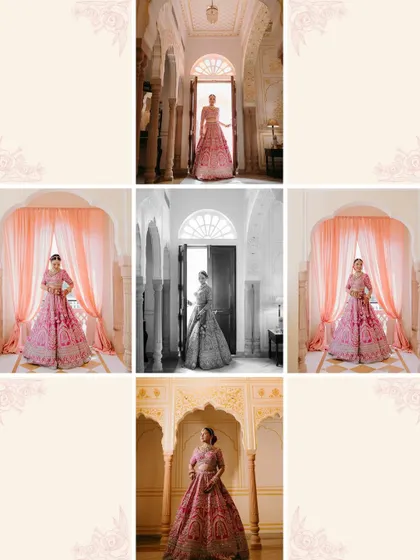 A collage of a bride in a pink lehenga posing in a palace doorway and corridor, with one shot in black and white for a timeless feel.