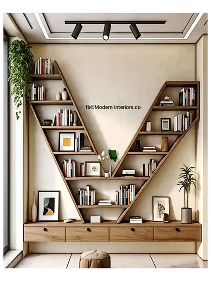 A close-up of the V-shaped bookshelf, showing how it can be styled with books, plants, and small art pieces to create a beautiful and personal display.