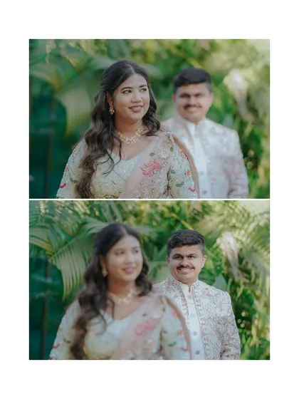 A playful and candid moment. This collage captures the couple sharing a glance, with the focus shifting between them, creating a dynamic and engaging portrait.