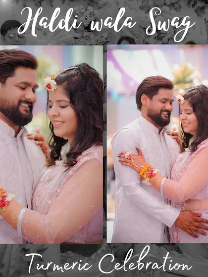 A sweet and romantic portrait of the couple from their Haldi ceremony. The "Haldi wala Swag" title perfectly fits their happy and stylish look.