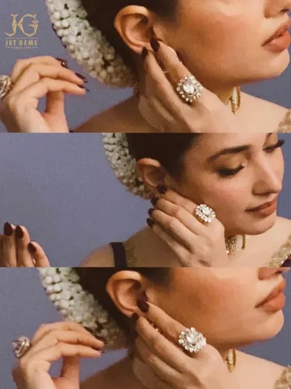 A closer look at the details. Tamannaah Bhatia adjusts her earring, giving a glimpse of the magnificent Polki ring that is a masterpiece of craftsmanship.