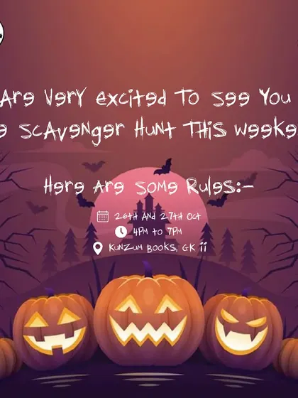 The rules for our Halloween Scavenger Hunt. We set up a thrilling challenge for kids 8 to 14, with clues leading them to different books in the HarperCollins Children's Books corner.