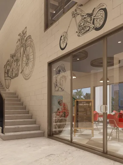 A cafe and social space concept for Nandi Souls. Motorcycle-themed graphics on the wall add a unique, edgy character, catering to the idea of a weekend getaway for city dwellers.